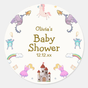 Sticker Rond Cute Princess Dragon Unicorn Baby shower