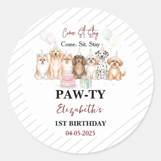 Sticker Rond Cute Puppy Dog Boy 1st Birthday | Pawty Time First (Devant)