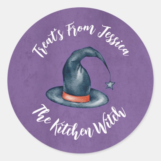 Sticker Rond Cute Purple Kitchen Witch Halloween Baking Treats (Devant)
