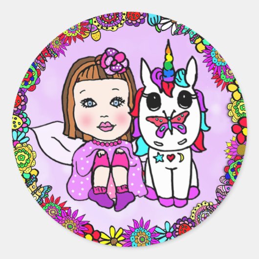 Sticker Rond Cute Purple Unicorn et Fairy Floral frontière (Devant)