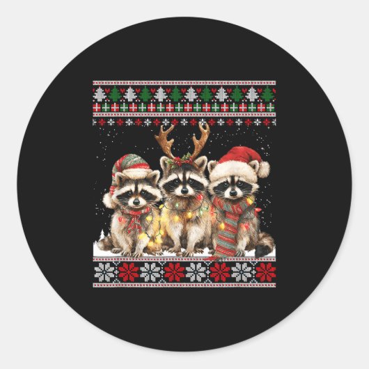 Sticker Rond Cute Raccoon Santa Christmas Lights Ugly Xmas Swea (Devant)