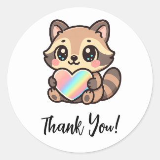 Sticker Rond Cute Rainbow Heart Happy Kawaii Raccoon Thank You