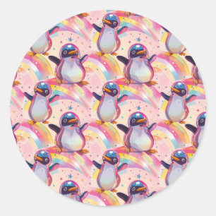 Sticker Rond Cute Rainbow Penguins et Stars Motif