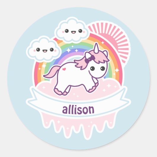 Sticker Rond Cute Rainbow Unicorn avec nuages (Devant)