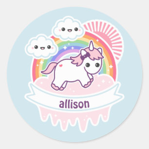Sticker Rond Cute Rainbow Unicorn avec nuages
