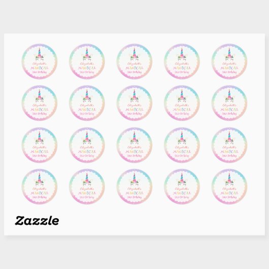 Sticker Rond Cute Rainbow Unicorn Magique fête d'anniversaire (Feuille)