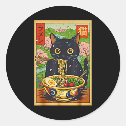 Sticker Rond Cute Ramen Cat Nature Flowers Noodle Anime (Devant)