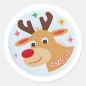 Sticker Rond Cute Reindeer Nom de l`enfant Cadeau de Noël (Devant)