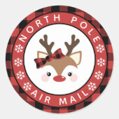 Sticker Rond Cute Reindeer Plaid Bow North Pôle Air Mail (Devant)
