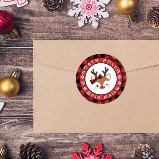 Sticker Rond Cute Reindeer Plaid Bow North Pôle Air Mail