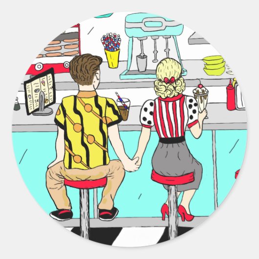 Sticker Rond Cute Retro Couple Holding Mains à Diner (Devant)