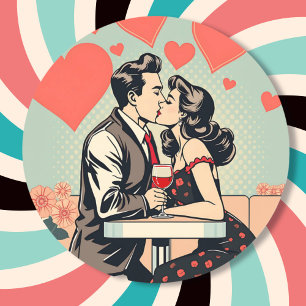 Sticker Rond Cute Retro Couple Kissing Pop Coeurs d'art