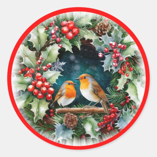 Sticker Rond Cute robins and holly and foliage (Devant)
