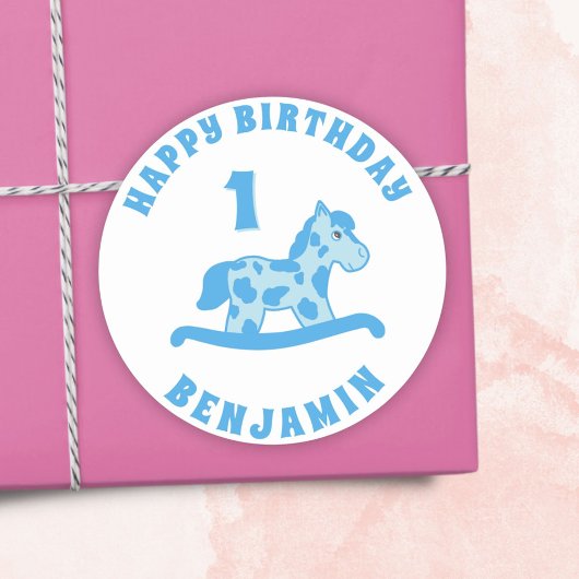 Sticker Rond Cute Rocse Horse Blue Boy 1er anniversaire