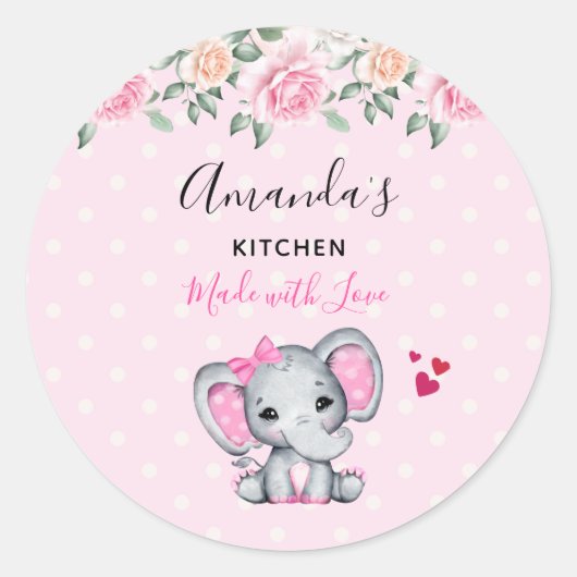 Sticker Rond Cute rose bébé Eléphant et Rose Frontière cuisine (Devant)