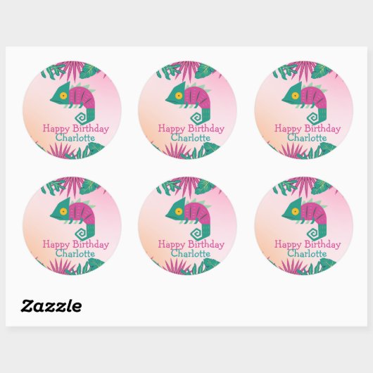 Sticker Rond Cute Rose caméléon Floral Animaux Filles Anniversa (Feuille)