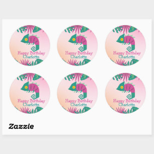 Sticker Rond Cute Rose caméléon Floral Animaux Filles Anniversa
