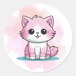 Sticker Rond Cute rose Chat Aquarelle Cartographie Kitten Anima