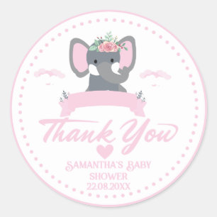 Sticker Rond Cute rose éléphant floral merci baby shower