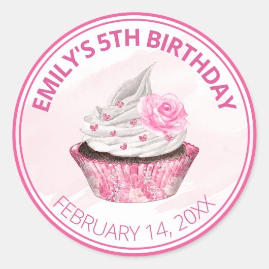 Sticker Rond Cute rose et blanc glace Anniversaire Cupcake (Devant)