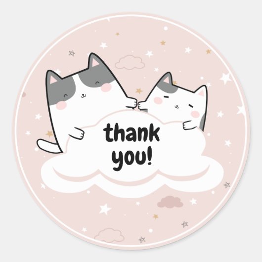 Sticker Rond Cute rose Kawaii Chat Sparkle Merci Nuages (Devant)