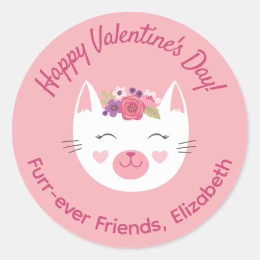 Sticker Rond Cute Rose Kitty Chat Enfants Valentines Salle de c (Devant)