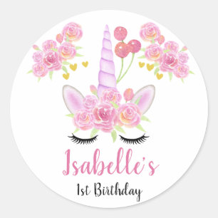 Sticker Rond Cute rose Unicorn Aquarelle Florales Anniversaire