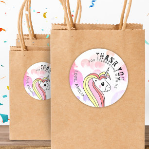 Sticker Rond Cute rose Unicorn fille Merci fête d'anniversaire