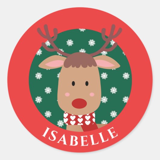 Sticker Rond Cute Rudolph Reindeer Noël Rouge Vert Classique (Devant)