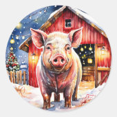 Sticker Rond Cute rustique Cochon de Noël et Grange (Devant)
