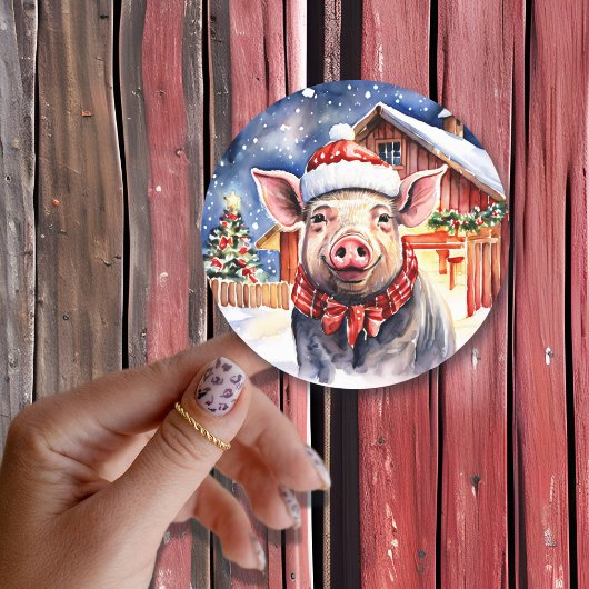Sticker Rond Cute rustique Cochon de Noël et Grange Grande