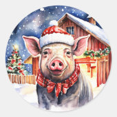 Sticker Rond Cute rustique Cochon de Noël et Grange Grande (Devant)