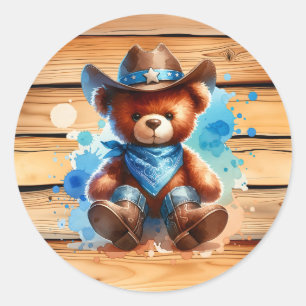 Sticker Rond Cute Rustique Cowboy Teddy Bear Baby shower du gar