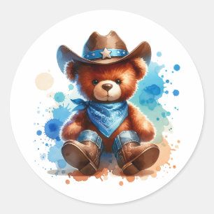Sticker Rond Cute Rustique Cowboy Teddy Bear Baby shower du gar