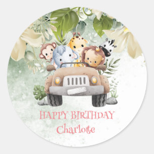 Sticker Rond Cute Safari jungle zoo d'anniversaire Course voitu