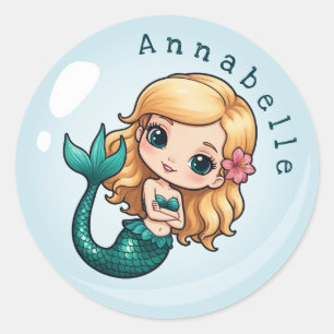 Sticker Rond Cute Sandy Hair Mermaid dans une bulle Personnalis