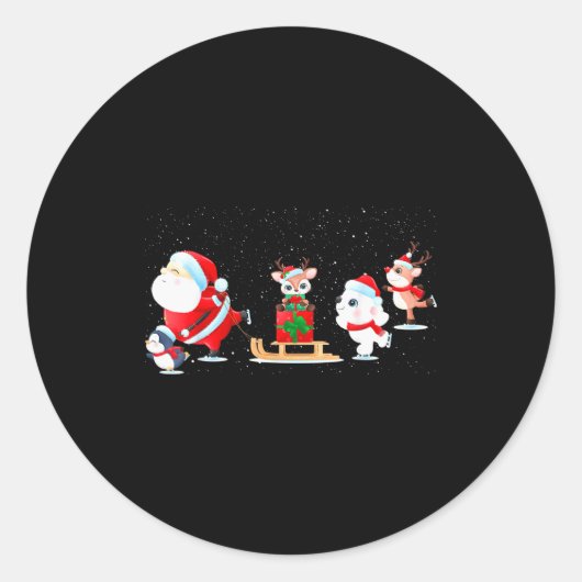 Sticker Rond Cute Santa Claus Ice Skating With Friends - Family (Devant)