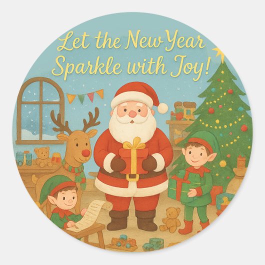 Sticker Rond Cute Santa & Elves New Year Holiday Card (Devant)