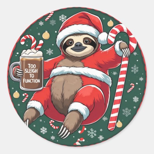 Sticker Rond Cute Santa Sloth on Candy Cane with Hot Cocoa (Devant)