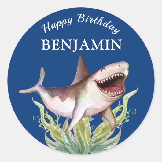 Sticker Rond Cute Shark Boys Blue Anniversaire Fête Favoriser (Devant)