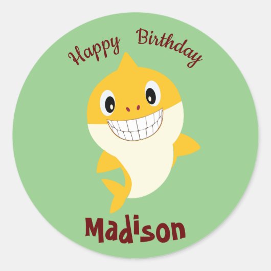 Sticker Rond Cute Shark 🦈 Super Birthday Ocean Party Sage (Devant)