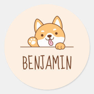 Sticker Rond Cute Shiba Inu Corgi Chien Pékin Nom Personnalisé