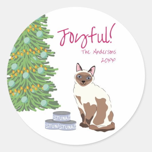 Sticker Rond Cute Siamese Cat with Tuna Joyful Christmas  (Devant)