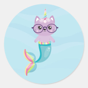 Sticker Rond Cute sirène arc-en-ciel licorne violet chat