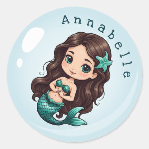 Sticker Rond Cute sirène Brown cheveux vert yeux Personnaliser