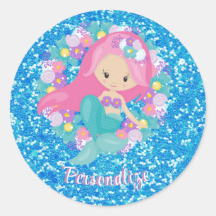 Sticker Rond Cute sirène rose Parties scintillant bleue Personn