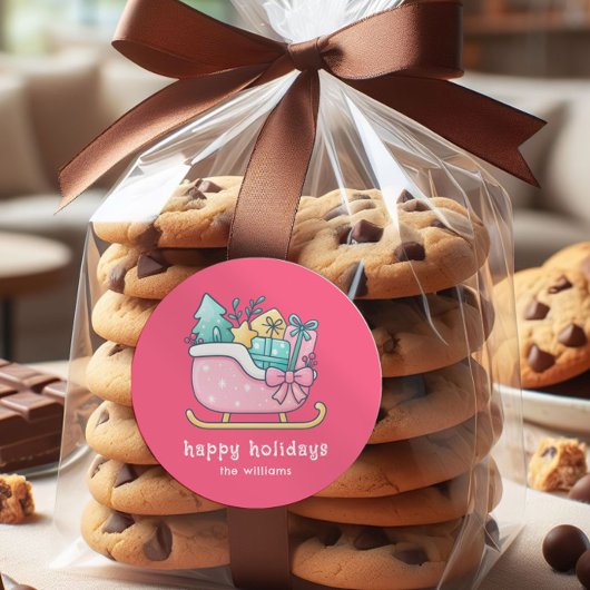 Sticker Rond Cute Sleigh with Goodies Happy Holidays Pink 