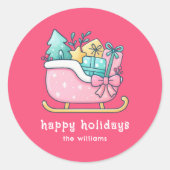 Sticker Rond Cute Sleigh with Goodies Happy Holidays Pink  (Devant)