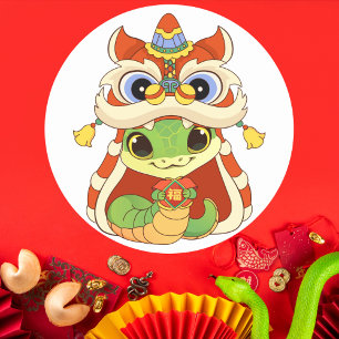 Sticker Rond Cute Snake en Lion Danser avec "Fu"