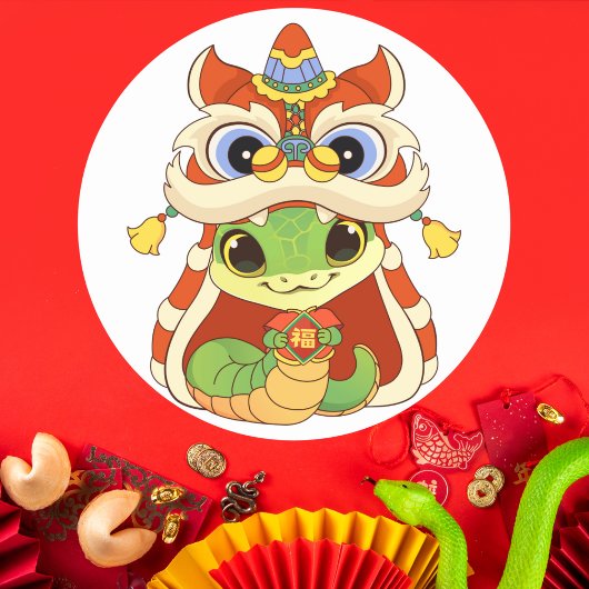 Sticker Rond Cute Snake en Lion Danser avec "Fu"